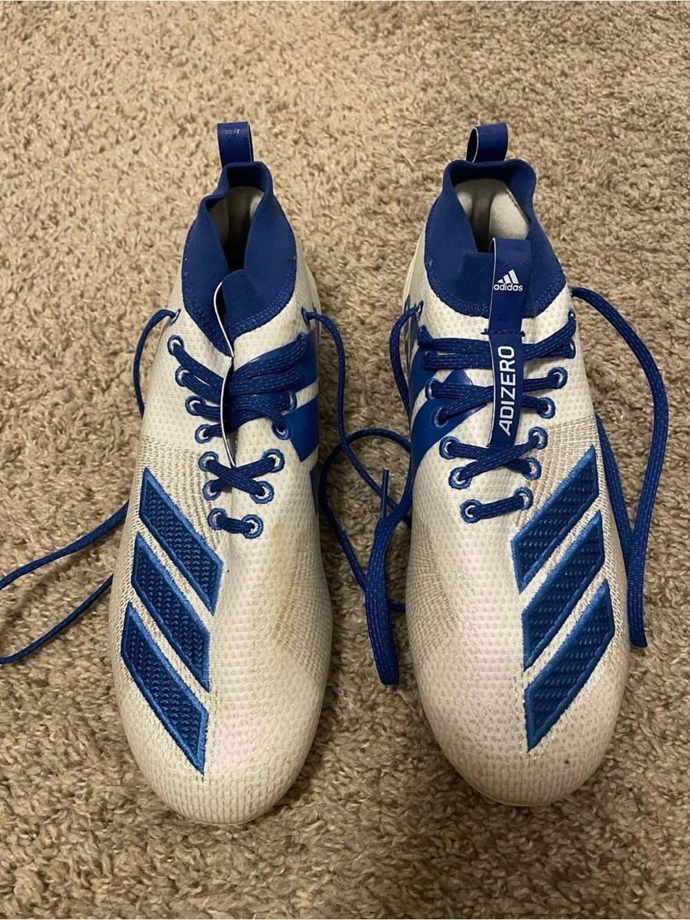 Adidas White and Blue Adizero Cleats
